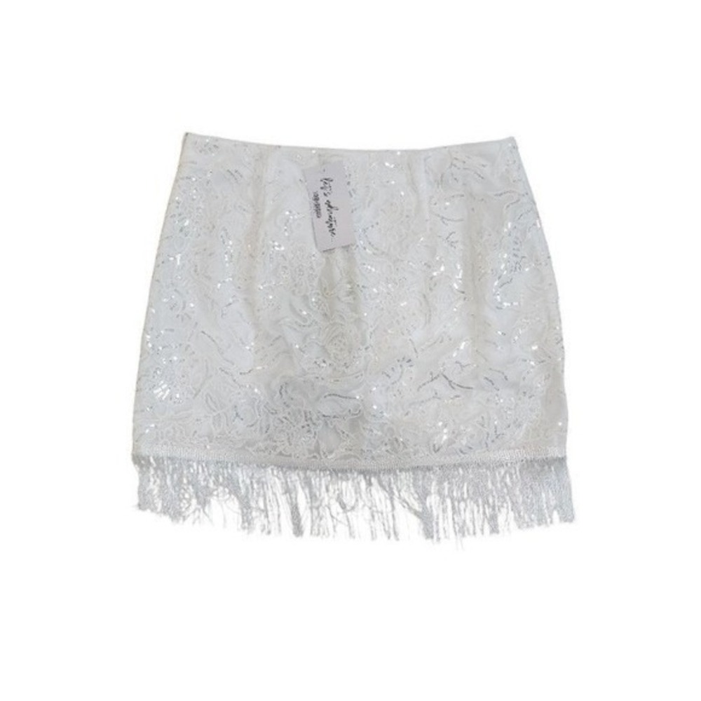 12th Tribe White Sequin Fringe Mini Skirt | Festival Party | Size M
